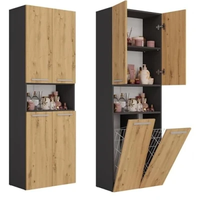 Abbildung von BDW Badezimmerschrank, 2 Wäschekorb, Türen 174 x 60 30cm Unterschrank, Waschbeckenunterschrank, Hochschrank, Badmöbel, Bad Badregal (Anthrazit/Artisan Eiche)