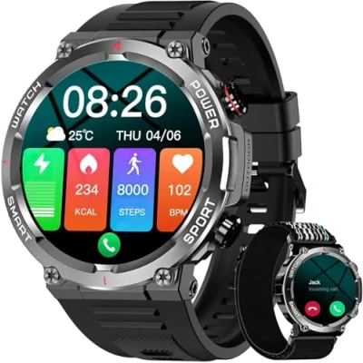 Abbildung von IOWODO Smartwatch Herren mit Telefonfunktion,1,39&#039;&#039; Fitnessuhr Herzfrequenz SpO2 Schrittzähler Schlafmonitor, 100 Sportmodi, IP68 Wasserdicht Aktivitätstracker, Sportuhr für iOS Android, Schwarz