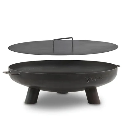 Abbildung von BBQ Toro Edelstahl Ø 70 cm mit Deckel Schwarz Outdoor Feuerstelle DREI Standbeinen und Zwei Griffen, Feuerschalen für den Garten, Brennschale, Garden Fire Pit, Bowl, Feuerwanne