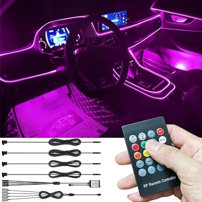 Abbildung von TABEN Auto Umgebungsbeleuchtungs Kit 5 m Glasfaser 64 Farben RF Fernbedienung USB Fußraum Atmosphärenlicht, DIY 16 Millionen RGB Mehrfarbig Sound Aktive Musik Sync Innenbeleuchtung DC 12V