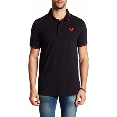 Abbildung von True Religion Herren Crafted with Pride Polo Poloshirt, Schwarz mit roter Paspelierung, Groß
