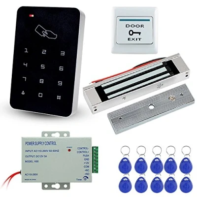 Abbildung von LIBO Stand Alone Tür Access Control System Kit Set mit 180kg / 350lbs Elektro Magnetschloss, DC12V 3A Netzteil, Ausfahrt Entriegelungstaste, 10pcs RFID EM ID Keyfobs
