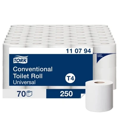 Abbildung von TORK Toilettenpapier Universal (70 St), 2 lagig, Recyclingpapier, weiß mit Prägung, 250 Blatt/Rolle