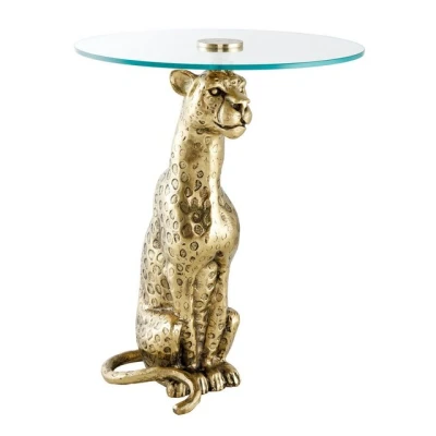 Abbildung von riess ambiente Beistelltisch WILDLIFE PANTHER 60cm gold / transparent · Wohnzimmertisch aus Metall (Einzelartikel, 1 St), Glas Platte rund handmade Skulptur Urban Jungle Design