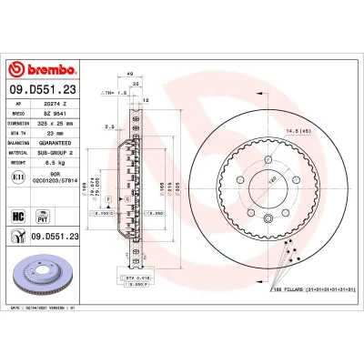 Abbildung von BREMBO 09.D551.23 Bremsscheibe 325 25 5 innenbelüftet, Verbundbremsscheibe beschichtet hochgekohlt LAND ROVER: Defender SUV