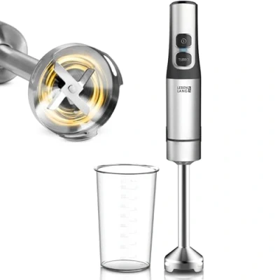 Abbildung von Lebenlang Stabmixer Edelstahl 1200W, Stufenlos verstellbar, Turbo Pürierer + Messbecher, 1200 W, 4 Klingen Technologie, Extralanges Kabel, Cremige &amp; feine Ergebnisse