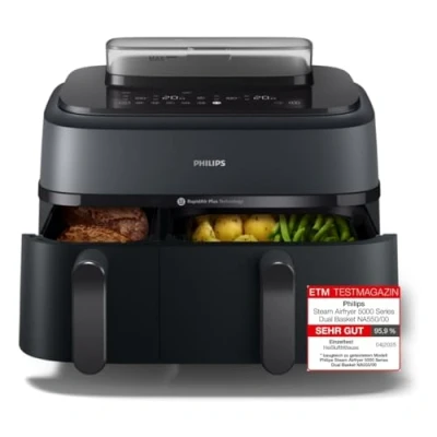 Abbildung von Philips Steam Airfryer 5000 Series Dual Basket &amp; Dampfgarer in einem Gerät, 9L, RapidAir Plus Technologie, 19 Kochfunktionen, 90% weniger Fett, 2 Körbe, Dampfreinigung (NA550/00)