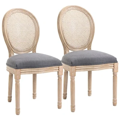 Abbildung von Esszimmerstühle 2er Set Küchenstuhl mit Rattan Rückenlehne, Leinenoptik