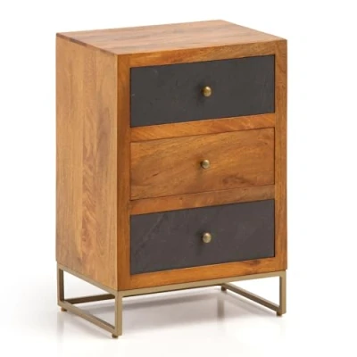Abbildung von FineBuy Nachttisch Mango Massivholz/Steinoptik 40x60x30 cm Nachtschrank Boxspringbett, Design Nachtkonsole mit 3 Schubladen, Nachtkommode Stauraum &amp; Metallgestell