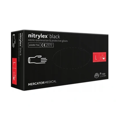Abbildung von Nitrylex Black Einweg Nitrilhandschuhe, Untersuchungsschutz, puderfrei, unsteril, Mattschwarz, Größe L (8 9), beidhändig tragbar, Mikro + strukturierte Fingerspitze, dispenser box 100 Stk