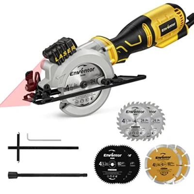 Abbildung von Mini Kreissäge, ENVENTOR 705W Handkreissäge mit 6 Sägeblättern, Führungsschiene &amp; Laserführung, 3500RPM, Ideal für Holz, Weichmetall, Kunststoffschnitte, Einhändiges Halten