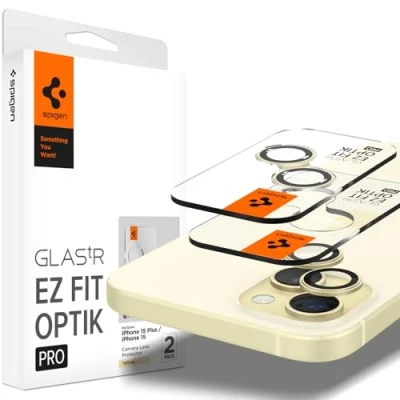Abbildung von Spigen Glas.tR EZ Fit Optik Pro Kameraschutz kompatibel mit iPhone 15, 15 Plus, 14, 14 2 Stück, Gelb, Individuelle Kameraprotektion, Anti Kratzer, 9H Härte Folie