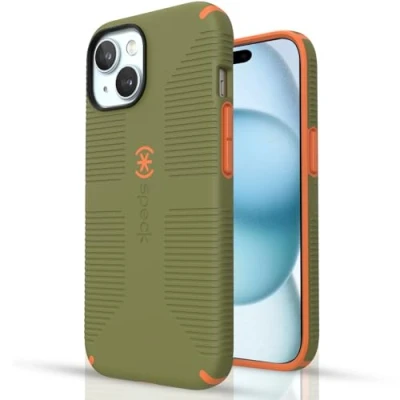 Abbildung von Speck iPhone 15 Plus Hülle Gebaut für MagSafe, Fallschutzgriff 14 Kratzfest, Soft Touch, 6,7 Zoll Handyhülle CandyShell Grip Bush Green/Pumpkin Pie