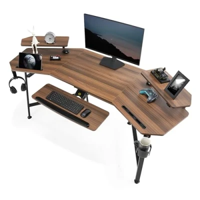 Abbildung von EUREKA ERGONOMIC Gaming Tisch Groß Schreibtisch in Flügelform PC Computertisch 82x76cm mit LED,Tastaturablage, 2 Monitorregal, Kopfhörerhaken für Home Office Studio Live Streaming