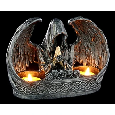 Abbildung von Figuren Shop GmbH Gothic Teelichthalter für 2 Teelichte Grim Reaper Gruseliger Kerzenhalter mit geflügeltem Sensenmann, Fantasy Dekoartikel, handbemalt