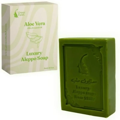 Abbildung von GREEN FADEL (Luxury) Aleppo Seife Original mit Aloe Vera &amp; Teebaumöl, 1 Stück, Olivenöl Lorbeeröl, Olivenölseife, Naturseife, Luxury Soap, für Gesicht Körper