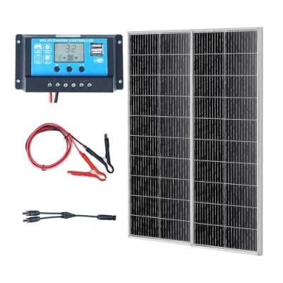 Abbildung von VEVOR 200W Solarpanel 2er Set 12V monokristallinen Solarmodul plus Laderegler 16,66A Solaranlage Umwandlungsrate von 23% Kompatibel mit AGM , GEL FLD LI Batterien Ideal für Wohnmobile Yachten Zuh