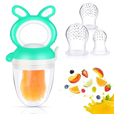 Abbildung von Oladwolf Fruchtsauger Baby &amp; Kleinkind, Silikon Schnuller Beißring ab 3 Monate, BPA frei Obstsauger mit Größen Sauger Ersatz für Obst, Beikost, Essen, Gemüse und Zahnungshilfe Baby, Grün