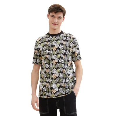 Abbildung von TOM Tailor Denim MIT Allover Tshirt print, Herren, Größe: Medium, Black multicolor leaves print