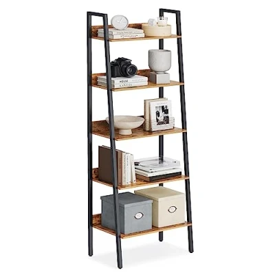 Abbildung von VASAGLE Bücherregal, Leiterregal 5 Ebenen, schmales Regal, offenes Standregal für Arbeitszimmer, Wohnzimmer, Schlafzimmer, Küche, Industrie Design, vintagebraun schwarz LLS067B01