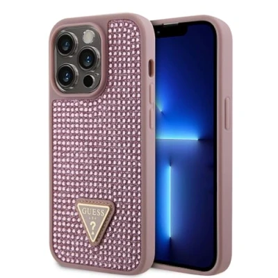 Abbildung von CG MOBILE Guess für iPhone 15 Pro Hülle, Strass Case mit Dreiecks Logo, Kratzfest, sturzfest, stoßfest, Full Slim Bumper Schutz Back Cover 6.1 Zoll Rosa