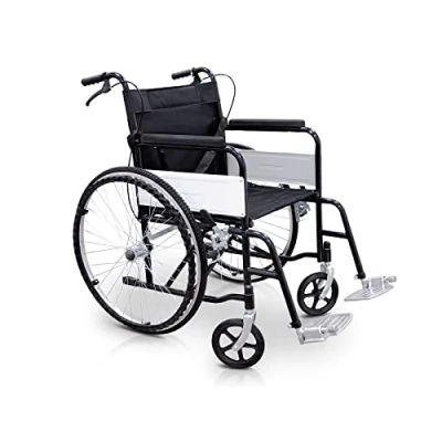 Abbildung von QUIRUMED Faltrollstuhl, BASIC Modell, Stahl, abnehmbare Fußstützen, Sicherheitsgurt, Sitz 46 cm, für ältere Menschen, Behinderte, bis zu 120 kg