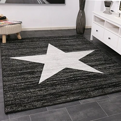 Abbildung von VIMODA Teppich Kurzflor Sternmuster Modern Schwarz Trendiger Jugendzimmer für kinderzimmer, Wohnzimmer, Maße:200x280 cm