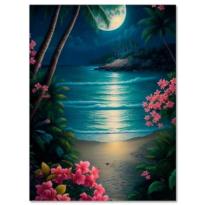 Abbildung von wandmotiv24 Leinwandbild Strand, Mond, Palmen, Hochformat M0809