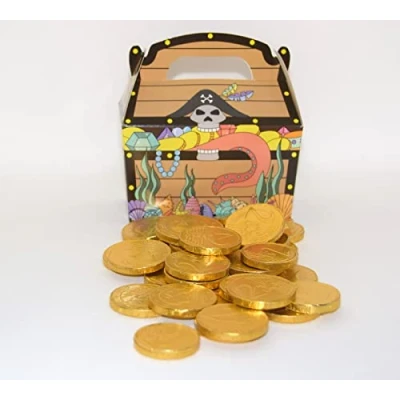 Abbildung von 2x 100g Goldmünzen aus Milchschokolade plus 1x Piraten Schatzkiste Karton I 2 x 12 14 Stück Fair Trade Kakao Ideal als Mitgebsel und für Kindergeburtstage