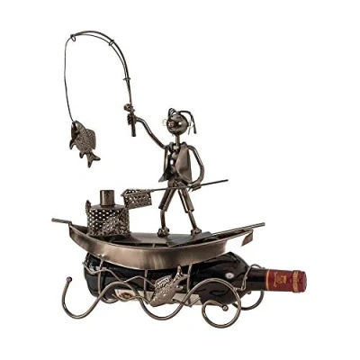 Abbildung von Moderner Wein Flaschenhalter Fischer im Boot aus Metall Höhe 39 cm Breite 29,5