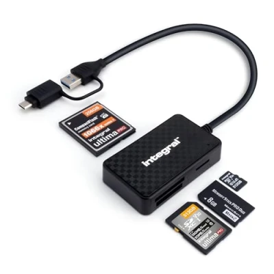 Abbildung von Integral 4 in 1 Speicherkartenleser SD, microSD, Compact Flash, Memory Stick Duo &amp; Pro USB 3.2 Gen Typ A Kabel mit C Adapter Für PC, Laptop, Smartphones, iPhone 15, MacBook und mehr