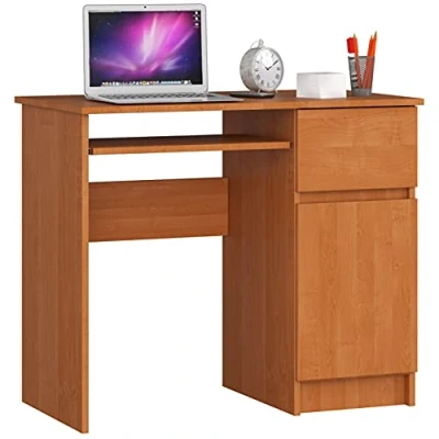 Abbildung von AKORD Piksel Schreibtisch Klein mit Schubladen Office Desk Computertisch Bürotisch Tastaturablage Schublade und Fach Tür Holz Deko B90 x H77 T50 cm 30 kg Schrank Rechts