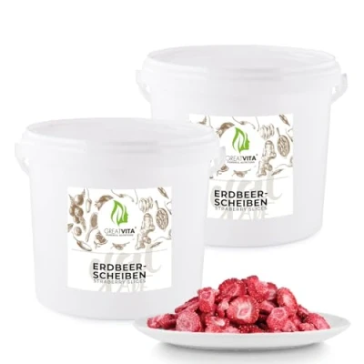 Abbildung von Getrocknete Erdbeeren 800g im Eimer gefriergetrocknete Erdbeerscheiben Premium Qualität, ohne Zuckerzusatz 100% Vollfrucht Erdbeerchips GreatVita