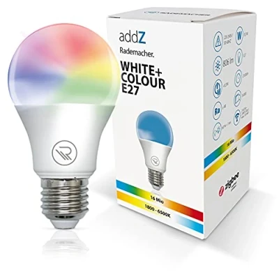 Abbildung von HOMEPILOT Rademacher addZ White + Colour E27 LED Lampe, 8,5 W, Zigbee 3.0 Smart Home Leuchtmittel, RGBW 16 Mio. Farben, dimmbar z.B. via, Typ: 8436 Nachfolgemodell verfügbar