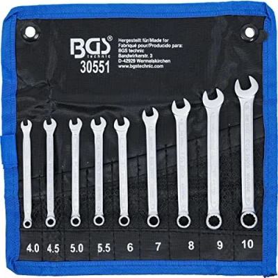 Abbildung von BGS 30551 Maul Ringschlüssel Satz 9 tlg. SW 4 10 mm DIN 3113 A inkl. Tetron Rolltasche Gabelringschlüssel