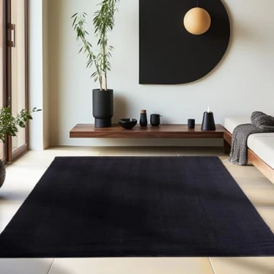 Abbildung von HomebyHome Kurzflor Teppich Wohnzimmer 120x170 cm Schwarz Waschbarer für Schlafzimmer, Esszimmer und Ideal als Küchenteppich Flauschiger Extra Weich, Einfarbig, rutschfest, Modern