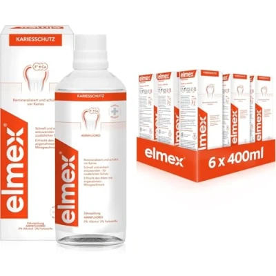 Abbildung von elmex Mundspülung Kariesschutz 6x 400ml antibakterielle Zahnreinigung ohne Alkohol schützt effektiv vor Karies für die tägliche Anwendung mit zweifach aktivem Kalzium Fluorid Schutzschild