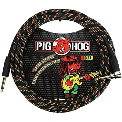 Abbildung von Pig Hog Vintage Serie Instrumentenkabel, Rasta Stripes, 3m/10ft, 6.35 (1/4) auf (1/4), Hochwertige Qualität, Gewebt, Winkelstecker