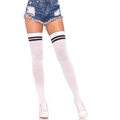Abbildung von Leg Avenue Halterlose Strümpfe Damen Overknees weiß mit schwarzen Querstreifen Größe 36 40
