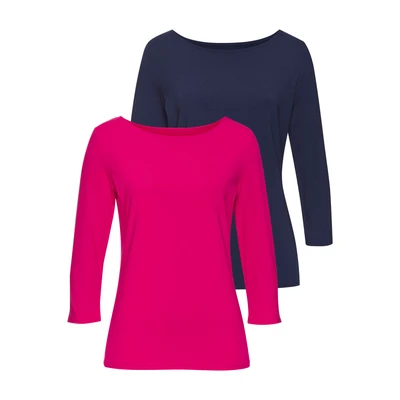 Abbildung von Lascana 3/4ARM 2 PACK Langarmshirt, Damen, Größe: 40/42, Hibiskus navy