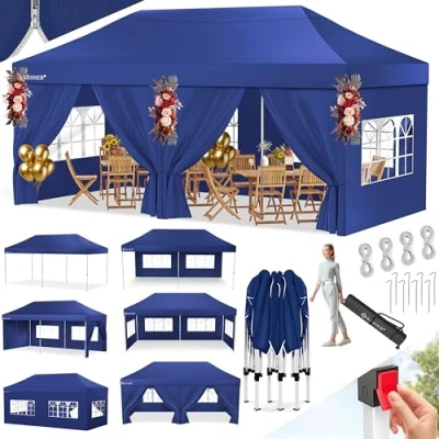 Abbildung von KESSER® Pavillon Faltpavillon 6x3m Festzelt mit 6 abnehmbaren Seitenwänden, Gartenzelt Höhenverstellbar &amp; Wasserdicht + Tasche Rollbar Bodenanker Pop Up Klicksystem UV Schutz 50+ Partyzelt Navyblau