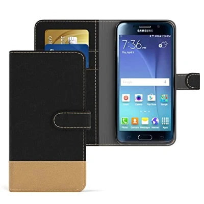 Abbildung von EAZY CASE Tasche kompatibel mit Samsung Galaxy S6 Stoff Schutzhülle Standfunktion Klapphülle Bookstyle, Handytasche Handyhülle Magnetverschluss und Kartenfach, Kunstleder, Schwarz