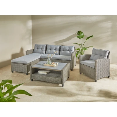 Abbildung von KONIFERA Gartenlounge Set &quot;Cordoba&quot;, (Set, 11 tlg., 2x Bank, 1x Sessel, Tisch 90x55x43cm, inkl. Auflagen), Polyratten, Stahl, Tischplatte aus Nonwood, geeignet für 4 Personen