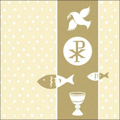 Abbildung von 20 Servietten Kirchliche Symbole Gold an Punkte als Tischdeko zur Kommunion, Konfirmation und Taufe 33x33cm