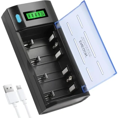Abbildung von ENEGON Universal Akku Ladegerät für C D AA AAA 9V NI MH CD wiederaufladbare Batterien mit Entladefunktion &amp; LCD Display, schnelles