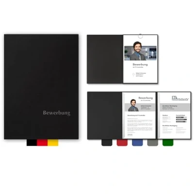 Abbildung von 5 Stück 3 teilige Bewerbungsmappen BL exclusivdruck® OPTIMA in Schwarz Premium Qualität mit edler Relief Prägung &#039;Bewerbung&#039; Produkt Design von &#039;Mario Lemani&#039;