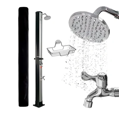 Abbildung von NovaTerra Solardusche schwarz/silber mit 40L Tank Gartendusche &amp; Campingdusche Regenduschkopf, Fußdusche, Schutzhaube Ablageschale für Garten Camping, Wassererwärmung bis 60C ohne Strom