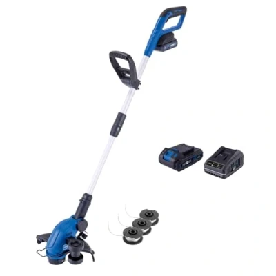 Abbildung von Scheppach Akku Rasentrimmer C LT300 X 20V Kantenschneider Schnittbreite 300mm Fadenlänge 3m Höhenverstellung bis 270mm Neigung 0 90 2 Fadenspulen mit 2Ah Akku, Ladegerät &amp; Ersatzspule