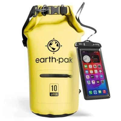 Abbildung von Earth Pak Dry Bag wasserdichter Packsack mit Reißverschluss Tasche, Schultergurt und wasserfester Handyhülle ideal beim Kajak Fahren, Camping, Angeln, Bootfahren Rafting (Gelb, 10L)