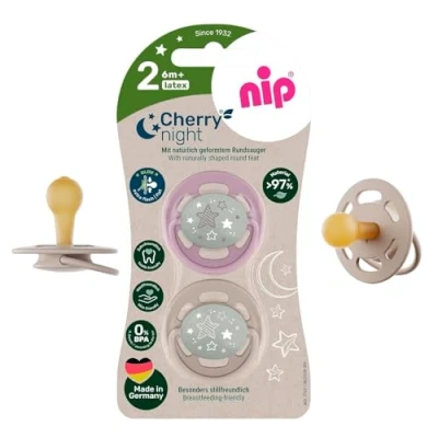 Abbildung von NIP CHERRY NIGHT 6 + Rundsauger Schnuller Leuchtschnuller, 36 Monate, Knopf leuchtet langanhaltend im Dunkeln, NACHHALTIG, HAUTFREUNDLICH, 2er Pack